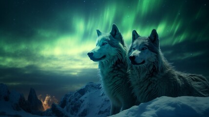 A pair of wolves on a snow-covered hillside under the northern lights.