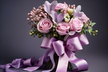 Romantic flower bouquet with heart-shaped ribbon for special occasions. Generative AI