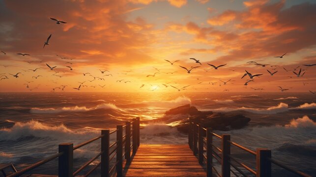 A pristine, untouched beach at sunset, with seagulls in flight and the sky painted in warm colors.