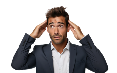 Young Businessman Confused Realistic Portrait on White or PNG Transparent Background.