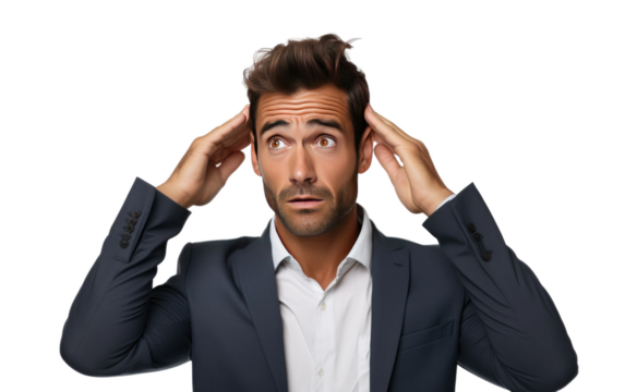 Young Businessman Confused Realistic Portrait on White or PNG Transparent Background.