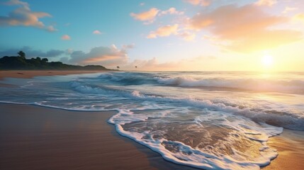 A serene coastal beach at sunset, with waves gently lapping the shore.