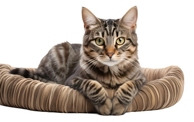 Fototapeta premium Relaxing Feline in a Cozy Cat Bed on White or PNG Transparent Background.