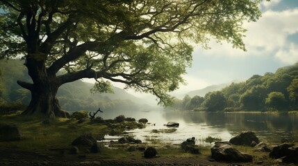 A serene, mist-covered lake surrounded by ancient oak trees.