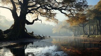 A serene, mist-covered lake surrounded by ancient oak trees.