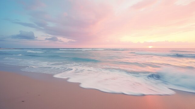 A serene, untouched beach at sunrise, with gentle waves and a pastel-colored sky.