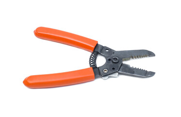 Wire stripping pliers with orange handles isolated on white background.