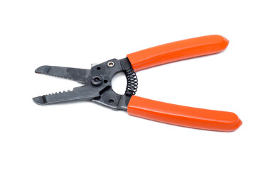 Obraz premium Wire stripping pliers with orange handles isolated on white background.