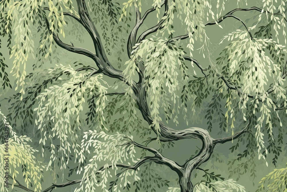 Poster willow green color: tranquil tree pattern digital image for a serene and refreshing ambiance, genera