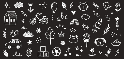 Children school, kindergarten vector doodle set on chalkboard. Cute daycare hand drawn flower, toy, animal elements. Childish cute preschool activity, education doodle background. Vector illustration