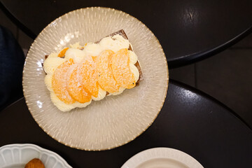 Cake, pastries and drinks on the table. Close up.