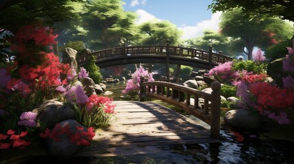 A tranquil garden with a profusion of blooming flowers, a koi pond, and a wooden bridge.