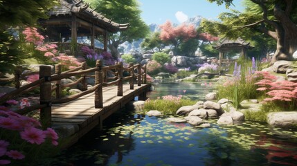 Fototapeta na wymiar A tranquil garden with a profusion of blooming flowers, a koi pond, and a wooden bridge.