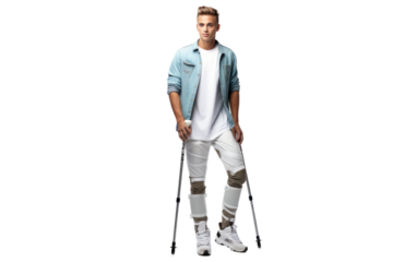 Man with Crutches Realistic Portrait on White or PNG Transparent Background.