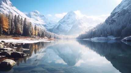 A tranquil lakeside scene with a mirrored reflection of snow-capped peaks.