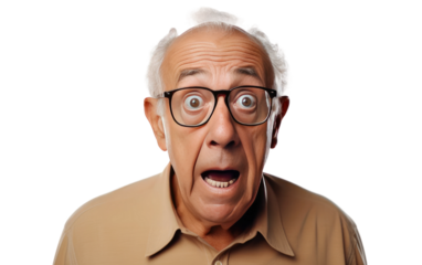 Old Man in Brown Cloths Shocked Mood Realistic Portrait on White or PNG Transparent Background.