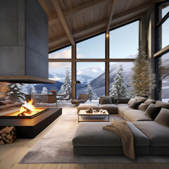 Fototapeta premium Cozy modern winter living room interior with a modern fireplace
