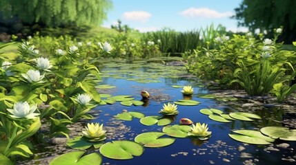 A tranquil pond with lily pads and a family of frogs basking in the sun.