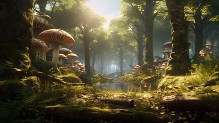 A tranquil, sunlit glade in the heart of an ancient, enchanted forest with vibrant moss and mushrooms. - obrazy, fototapety, plakaty