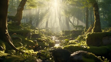A tranquil, sunlit glade in the heart of an ancient, enchanted forest with vibrant moss and mushrooms. - obrazy, fototapety, plakaty
