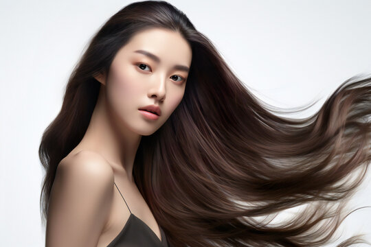 白の背景に若いアジア人女性の躍動感のある輝く髪の毛。