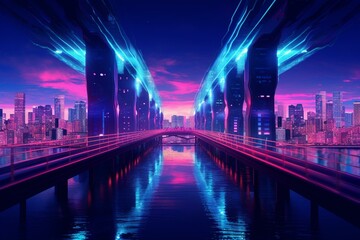 Fototapeta na wymiar A modern bridge over neon river, reflecting futuristic cityscape. Generative AI