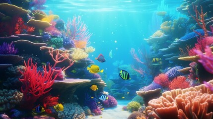 A vibrant underwater coral garden with a rainbow of fish.