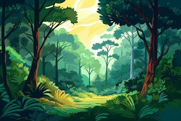 Illustration of lush forest with green trees as background. Generative AI