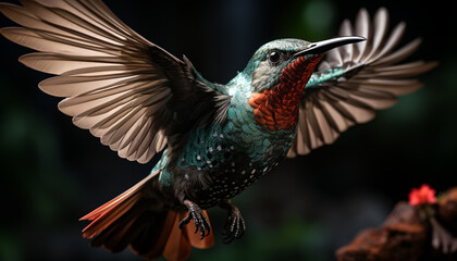 Fototapeta premium Hummingbird flying, vibrant colors, nature beauty, tropical rainforest, animal wing generated by AI