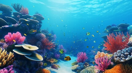 Fototapeta na wymiar A colorful coral reef teeming with exotic marine life, set against the backdrop of the deep blue ocean.
