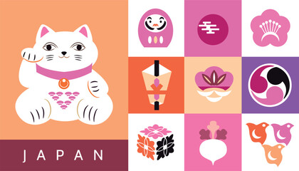 Japanese toys. National cultural lucky items, asian fortune symbols, daruma, maneki cat and kokeshi dolls, traditional masks, Fuji, sakura Vector illustration