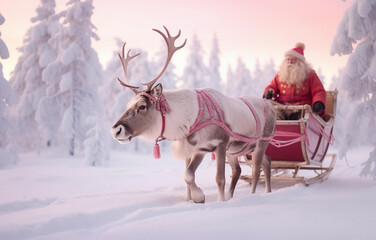 Santa Claus and his reindeer in forest.