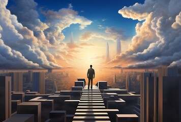 Businessman standing on the stairs leading to the city. 3D rendering - Powered by Adobe