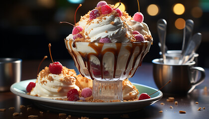 Indulgent gourmet dessert  homemade ice cream sundae with fresh berries generated by AI