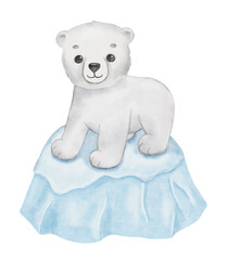 Cute baby bear on ice floe. Watercolor cartoon hand drawn childish illustration for kids. Polar animal isolated on white