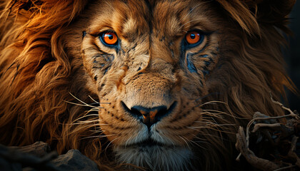 Fototapeta premium Majestic lion, feline beauty, staring with alertness in nature wilderness generated by AI