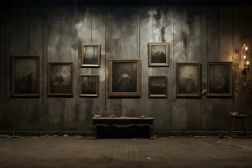Fotobehang six vacant dark frames in home, farmhouse hallway backdrop. Generative AI © Eirik
