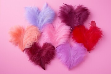 Feathered hearts in various colors on a pink background. Ample space for creativity. Generative AI