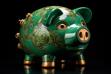 Front left view of a green piggy bank. Generative AI