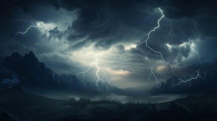 A dramatic thunderstorm over a vast, untouched wilderness, with lightning illuminating the dark sky.