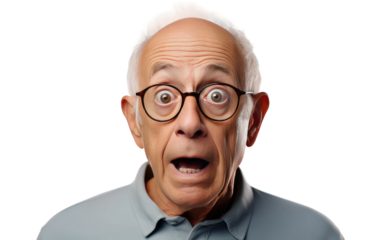 Senior Man Wear Glasses Shocked Expression on White or PNG Transparent Background.