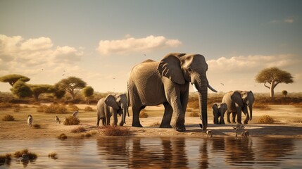 A family of elephants gathered around a watering hole in the savannah.