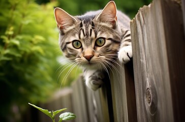 Cat sitting on top of a wooden fence, looking down at the ground with its tail curled around its feet, possibly a tabby