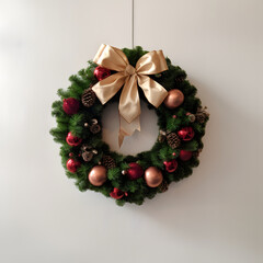 Fototapeta na wymiar Christmas wreath made of fir tree and cones with red bow