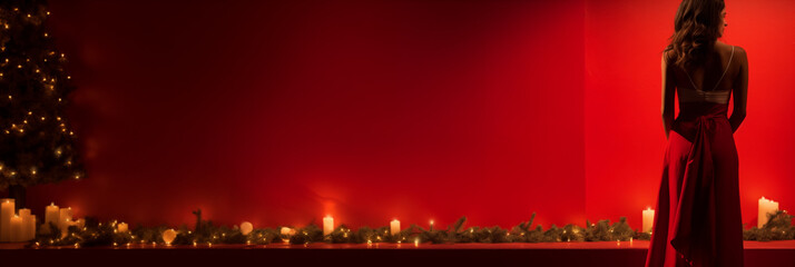 Girl in red silk with her back to the camera against the background of a red wall and Christmas decorations near her