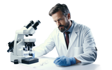 Male Scientist Work With Lab Equipment on White or PNG Transparent Background.