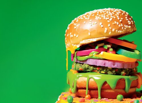 Creative imagine of burger in bright colours. Food art concept. AI generated illustration