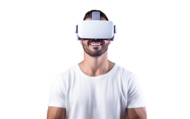 Man Enjoy Digital Gaming Revolution Wearing VR on White or PNG Transparent Background.