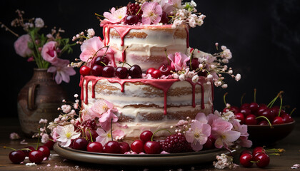 Gourmet chocolate cake with fresh berries, cream, and ornate decoration generated by AI