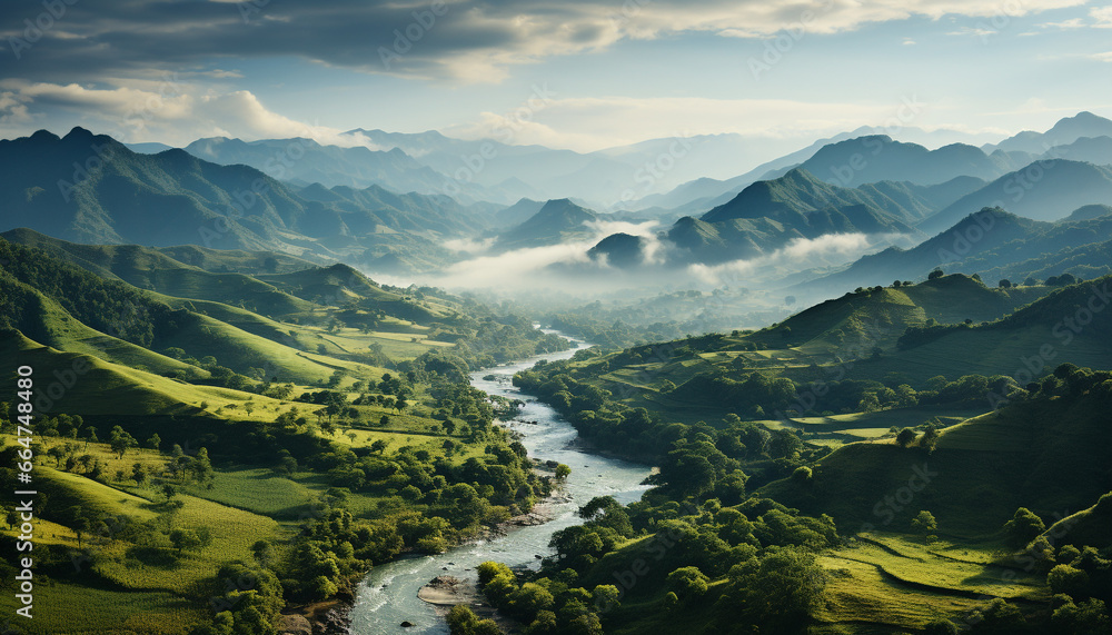 Poster Mountain peak, fog, forest, meadow, water, sunset, green landscape, tranquil scene generated by AI